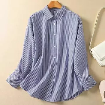 Осенняя рубашка в полоску с принтом «искусство» и свободным воротником, с длинным рукавом, женская рубашка, топ, блузки и рубашки M