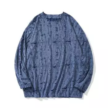 Осенняя рваная футболка с длинным рукавом, свободная подростковая футболка, модная базовая футболка, свободный топ M синий