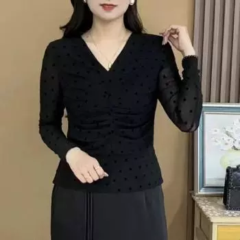 Осенняя сетчатая рубашка в горошек, модная облегающая и тонкая иностранная футболка, весенняя и осенняя женская одежда, рубашка XL (85-55 kg) чёрный