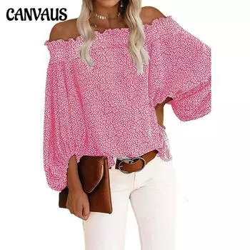 Осенняя сексуальная шифоновая рубашка с одним словом и воротником без бретелек, новая свободная верхняя женская одежда с рукавами-фонариками S