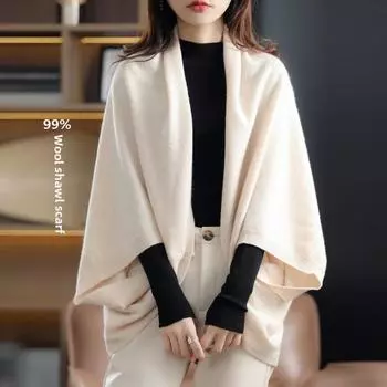 Осенняя шаль с кондиционером, шарф, накидка, вязаный кардиган из чистой шерсти, шаль большого размера, солнцезащитное пальто, женская плотная average size 90-85kg серый