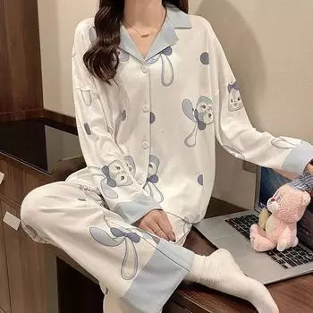Осенняя шелковая женская пижама с длинными рукавами и длинными штанами, домашняя одежда с рисунком из мультфильма, шелковая пижама, женский комплект из пижам и брюк M белый
