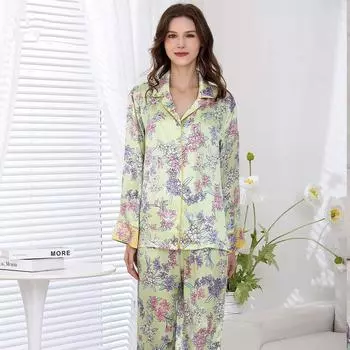 Осенняя шелковая женская пижама с принтом, длинная пижама с пуговицами на лацканах, кардиган, одежда для дома, пижама из чистого шелка, комплект из 2 предметов M зелёный