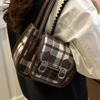 Осенняя шерстяная клетчатая сумка женская ретро нишевая подмышечная сумка высокого класса одно плечо портативная седельная сумка коричневый