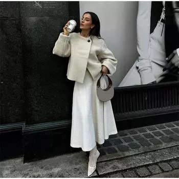 Осенняя шерстяная куртка на одной пуговице для женщин, элегантная однотонная, с длинным рукавом и круглым вырезом, короткая куртка, модная свободная женская уличная одежда S белый