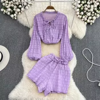 Осенняя шифоновая рубашка с круглым вырезом и краями гриба, свободные рукава-фонарики, широкие шорты с высокой талией, осенний топ, комплект из двух предметов