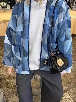 Осенняя шикарная синяя клетчатая джинсовая куртка в стиле пэчворк, корейская мода, элегантная одежда, уличная одежда для женщин 2000-х годов, новый дизайн, свободное пальто для улицы S синий