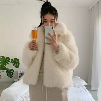 Осенняя шуба женская жареная уличная имитация лисьего меха белый квадратный воротник молодая свободная и тонкая знаменитость Интернета S слоновая кость