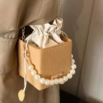 Осенняя соломенная цепочка с бусинами, маленькая квадратная сумка, модная универсальная новая плетеная сумка-ведро, персонализированная сумка через плечо, сумка-мессенджер коричневый
