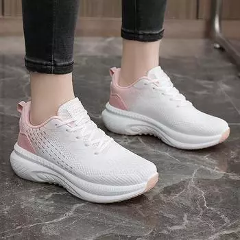 Осенняя спортивная обувь для женщин, дышащие сетчатые кроссовки для ходьбы на плоской подошве со шнуровкой 2024 года, модные кроссовки для женщин, повседневная обувь 35 белый