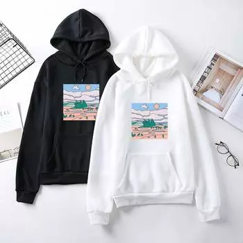 Осенняя студенческая повседневная универсальная толстовка с капюшоном, женская повседневная толстовка с длинным рукавом с принтом из мультфильмов S белый