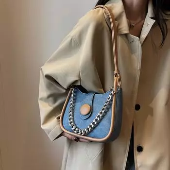 Осенняя сумка через плечо для женщин, новая дизайнерская сумка из хлопка и ПУ-джинса, модная сумка на одно плечо для поездок на работу