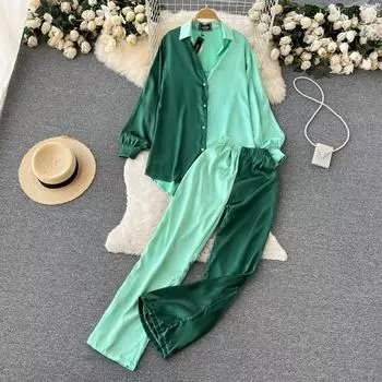 Осенняя свободная атласная рубашка с цветными блоками и эластичной резинкой на талии, широкие брюки, женский комплект из двух предметов