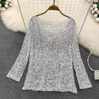 Осенняя Свободная ажурная сексуальная футболка с длинным рукавом и пайетками и круглым воротником, повседневный блестящий топ One Size чёрный