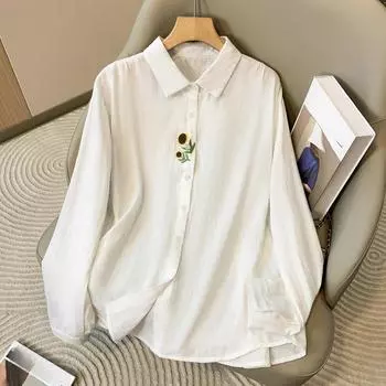 Осенняя свободная блузка с вышитым цветком из двухслойной хлопковой пряжи с длинными рукавами, женская рубашка, топ M светло-синий