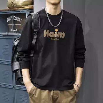 Осенняя свободная футболка большого размера с круглым вырезом и длинным рукавом, мужская американская модная брендовая футболка с принтом, весенне-осенняя внутренняя рубашка с низом M серый