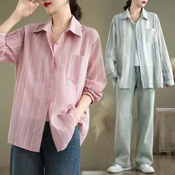 Осенняя свободная хлопковая и льняная полосатая женская рубашка с длинными рукавами M синий