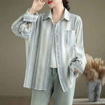 Осенняя свободная хлопковая льняная блузка в вертикальную полоску с длинными рукавами для женских рубашек и топов M синий