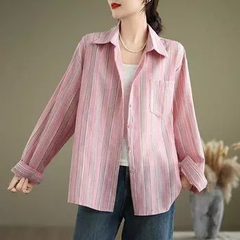 Осенняя свободная хлопковая льняная блузка в вертикальную полоску с длинными рукавами для женских рубашек и топов 2XL синий