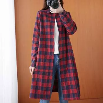 Осенняя свободная клетчатая рубашка с длинным рукавом и лацканами для женщин, рубашки средней и длинной длины на пуговицах M красный