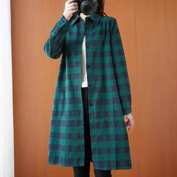 Осенняя свободная клетчатая рубашка с длинным рукавом и лацканами для женщин, рубашки средней и длинной длины на пуговицах M красный
