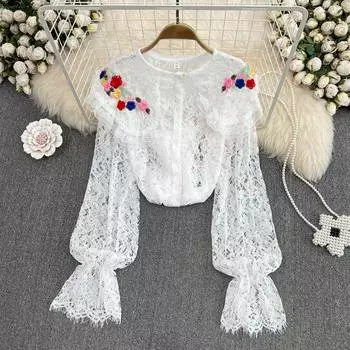 Осенняя свободная однобортная кружевная рубашка во французском стиле с кукольным воротником, женский топ с длинными рукавами в западном стиле