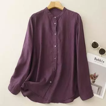 Осенняя свободная однотонная хлопковая конопляная рубашка с круглым вырезом и длинным рукавом, женская блузка, топ M фиолетовый