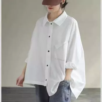 Осенняя свободная однотонная рубашка большого размера с длинными рукавами и лацканами, женская белая блузка на пуговицах L белый