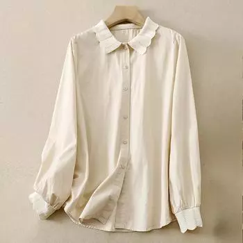 Осенняя свободная однотонная рубашка, повседневная женская рубашка с длинными рукавами и лацканами M белый