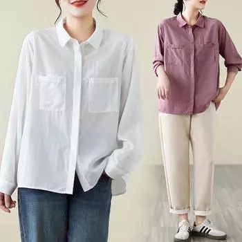 Осенняя свободная однотонная рубашка с длинным рукавом и воротником, женская рубашка, топ, блузки и рубашки L белый