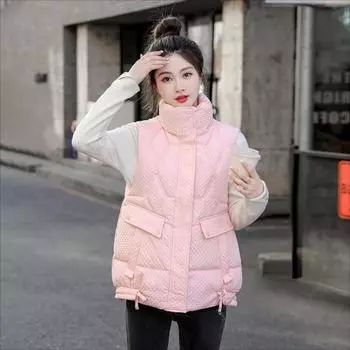 Осенняя свободная посадка в корейском стиле, куртка с воротником-стойкой, утолщенный хлопковый жилет для женщин M розовый