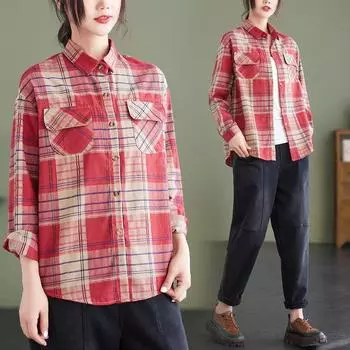Осенняя свободная рубашка с отворотом в клетку и длинными рукавами, женская рубашка, топ, блузки и рубашки M