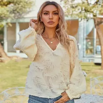 Осенняя свободная рубашка женская однотонная блузка с V-образным вырезом и рукавами-фонариками S чёрный