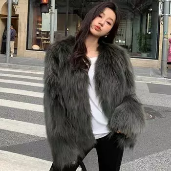 Осенняя свободная шуба из лисьего меха с длинным рукавом, женская мода, мягкая, теплая, короткая зимняя куртка, женские топы, однотонная, элегантная, уличная, свободная, женская куртка, пальто 25878 One Size белый