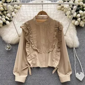 Осенняя свободная универсальная рубашка с длинными рукавами и рюшами во французском стиле в новом стиле для женщин