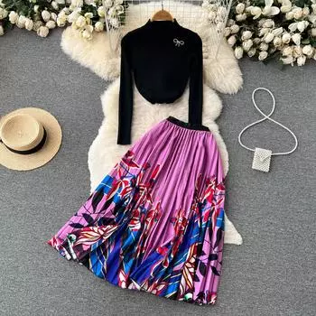 Осенняя темпераментная полуводолазка в этническом стиле с длинными рукавами, футболка с топом и принтом, плиссированная юбка, костюм из двух предметов, женская одежда