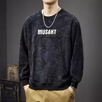 Осенняя текстура, сшитый принтованный свитер, мужская свободная рубашка большого размера с круглым вырезом, американский тяжелый топ с длинными рукавами Tide M серый