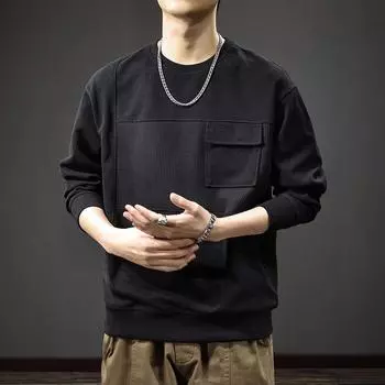 Осенняя текстура жаккардовый сращивание карман свитер мужской американский ретро свободный верх полированный полосатый вязаный свитер прилив M серый