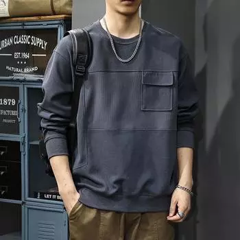 Осенняя текстура жаккардовый сращивание карман свитер мужской американский ретро свободный верх полированный полосатый вязаный свитер прилив M чёрный