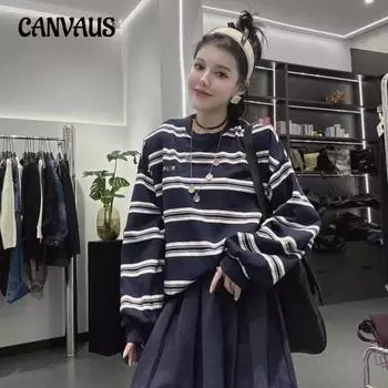 Осенняя толстовка большого размера с вышитыми буквами и длинными рукавами, женская ретро-топ Tide L темно-синий