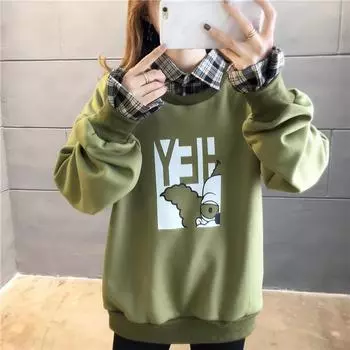 Осенняя толстовка с длинным рукавом и рисунком из мультфильма, тонкая толстовка Harajuku, поддельная, из двух частей, толстовки с капюшоном, женские, повседневные, свободные, студенческие, одежда y2k M