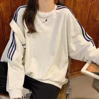 Осенняя толстовка женская свободная полосатая сращивающаяся с длинным рукавом повседневная универсальная женская зимняя одежда женская M белый