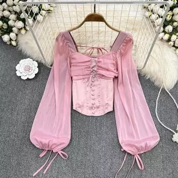 Осенняя тонкая короткая рубашка в стиле ретро во французском стиле с квадратным воротником и пузырьками с длинным рукавом для женщин