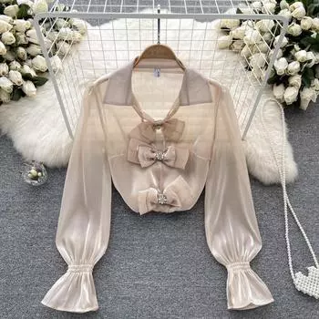 Осенняя тонкая расклешенная рубашка с расклешенными рукавами, новый дизайн, маленькая женская рубашка в западном стиле с бантом и темпераментом