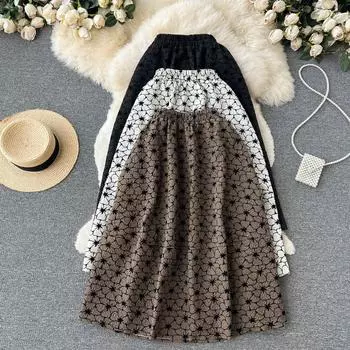Осенняя тонкая юбка трапециевидной формы средней длины в стиле ретро с эластичной резинкой и высокой талией, маленькая цветочная юбка в этническом стиле