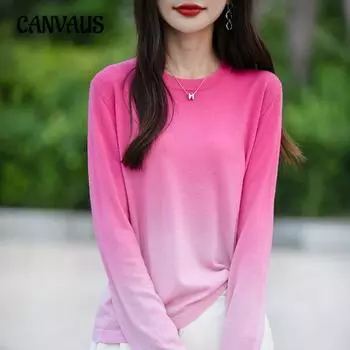 Осенняя тонкая женская трикотажная рубашка с круглым вырезом и градиентным низом M розовый