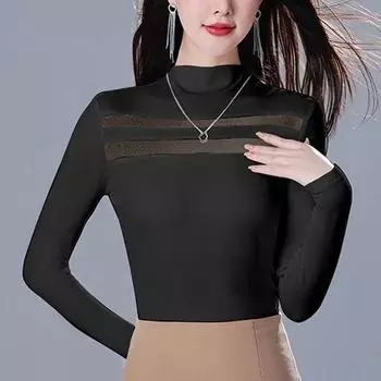 Осенняя трикотажная футболка с длинным рукавом, однотонная женская футболка, приталенная полуводолазка, футболки, повседневные узкие футболки 29839 S чёрный