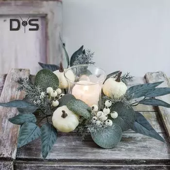 Осенняя тыква, кольцо со свечой, искусственные ягоды, кольцо со свечой, венок, День благодарения, осенняя гирлянда для свадьбы, дверной шкаф, настольный декор светло-синий