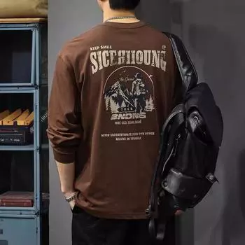 Осенняя уличная футболка с длинными рукавами и принтом, мужская футболка из плотного чистого хлопка плотностью 300 г, свободный модный свитер с круглым вырезом M