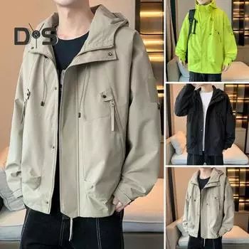 Осенняя уличная куртка с капюшоном, длинными рукавами, множеством карманов, куртка на молнии, однотонная ветрозащитная, непромокаемая, для скалолазания XL флуоресцентный зеленый